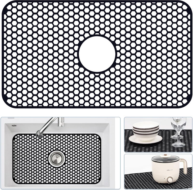 Bestjing Silicone Sink Protectors for Kitchen Sink with Center Drain, 26"x 14" Kitchen Grid Accessory, Non-Slip Heat-Resistant Mat for Bottom of Farmhouse Porcelain Stainless Steel (Center Hole,Black) - Image 1